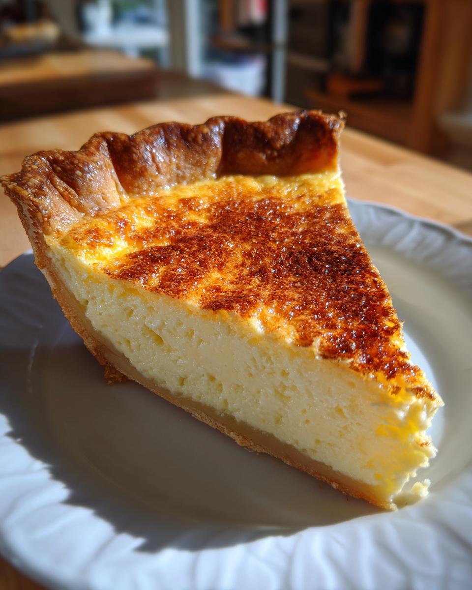 A close-up shot of one slice of buttermilk pie on a white plate, showing a creamy yellow filling and a beautifully browned top.