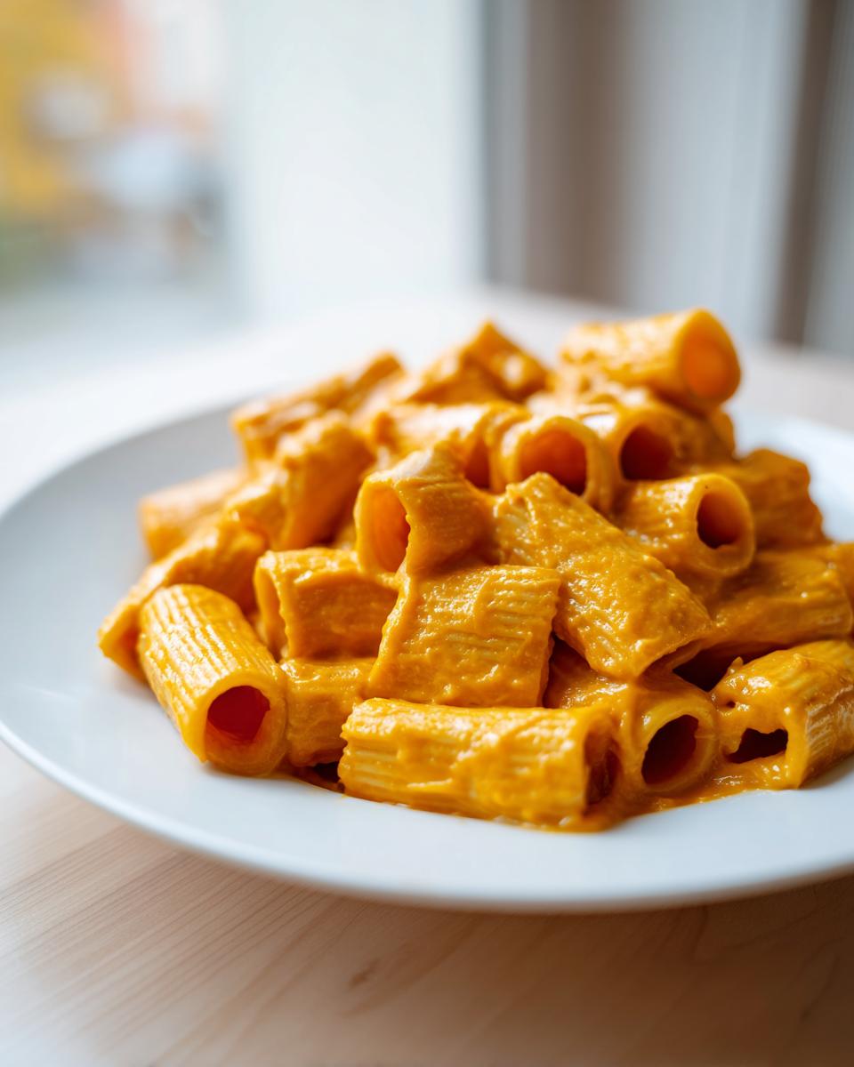 Close-up of rigatoni pasta coated generously in creamy orange butternut squash pasta sauce on a white plate.