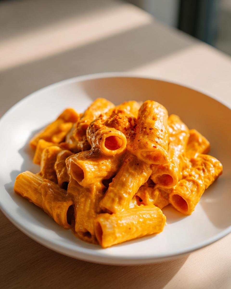 A close-up of rigatoni pasta coated in rich, orange butternut squash pasta sauce, served in a white bowl.