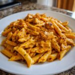 Close-up of creamy, orange-hued cajun chicken pasta with penne noodles and seasoned chicken pieces.