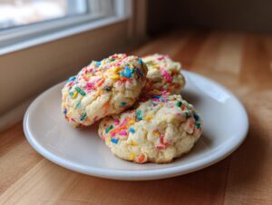 Three soft cake batter cookies loaded with colorful rainbow sprinkles resting on a white plate.