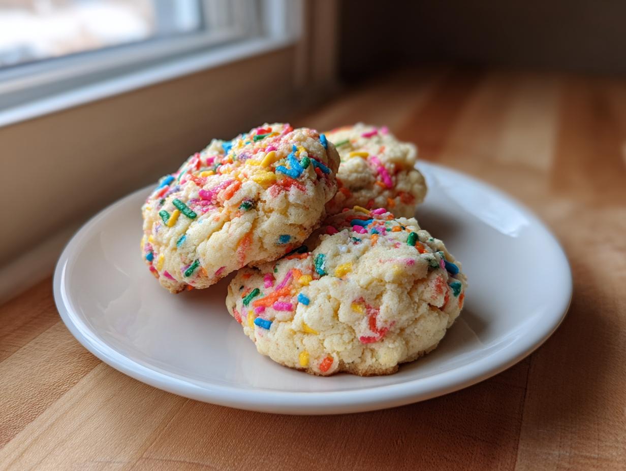 Three soft cake batter cookies loaded with colorful rainbow sprinkles resting on a white plate.