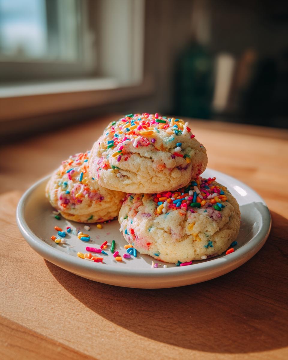 Three soft, thick cake batter cookies topped with rainbow sprinkles stacked on a small white plate.