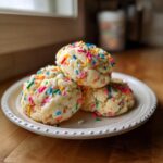 A stack of three soft, thick cake batter cookies covered in colorful rainbow sprinkles on a white plate.