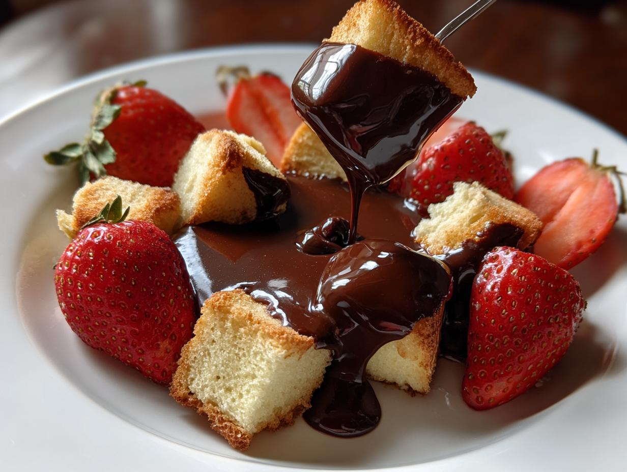 A piece of pound cake being dipped into rich, melted chocolate fondue alongside fresh strawberries.