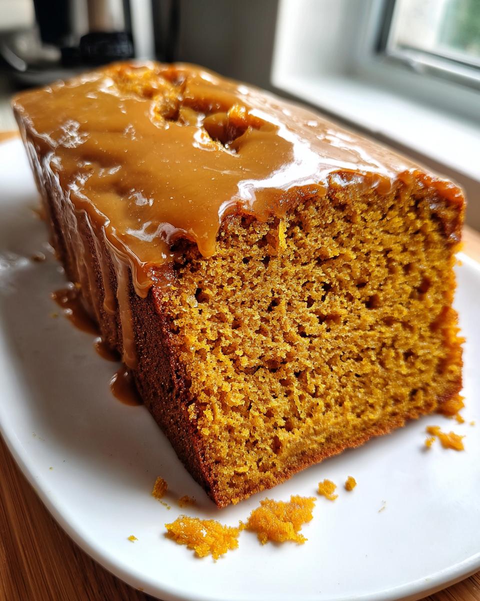 A moist slice of sweet potato pound cake topped with a thick caramel glaze, sitting on a white plate.
