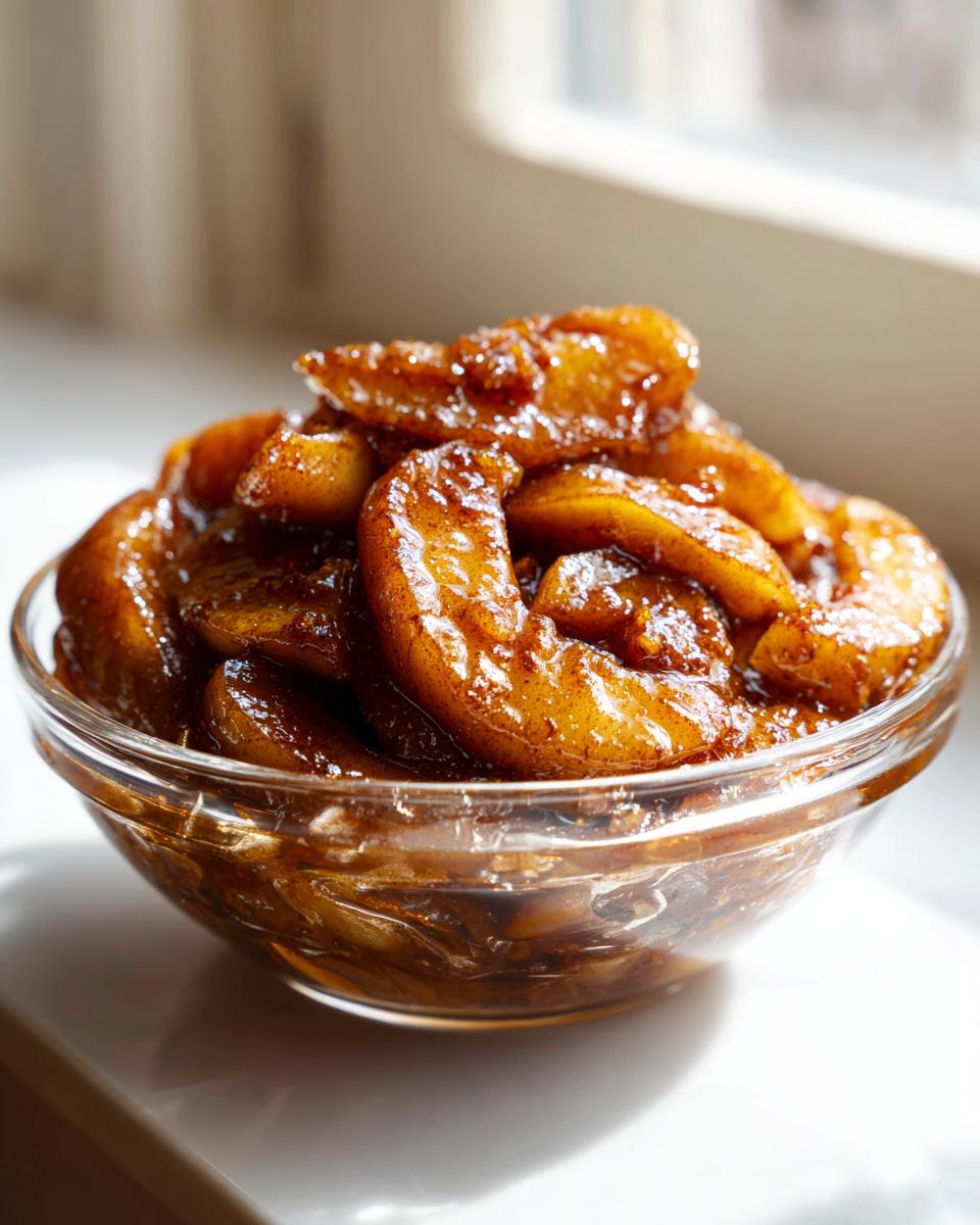 Close-up of rich, caramelized apple pie filling recipe slices glistening in a small clear glass bowl.