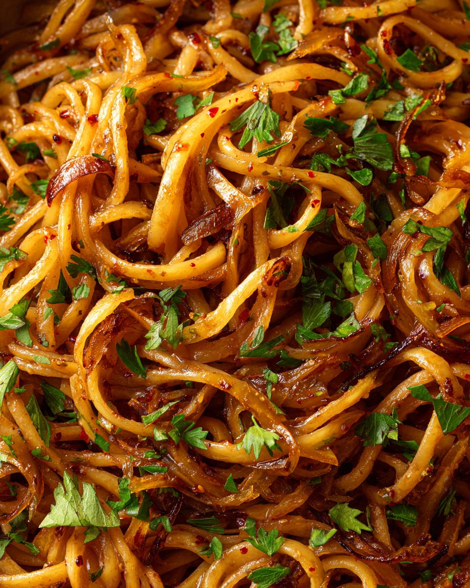 A close-up, top-down view of rich, glossy caramelized onion pasta tossed with herbs.