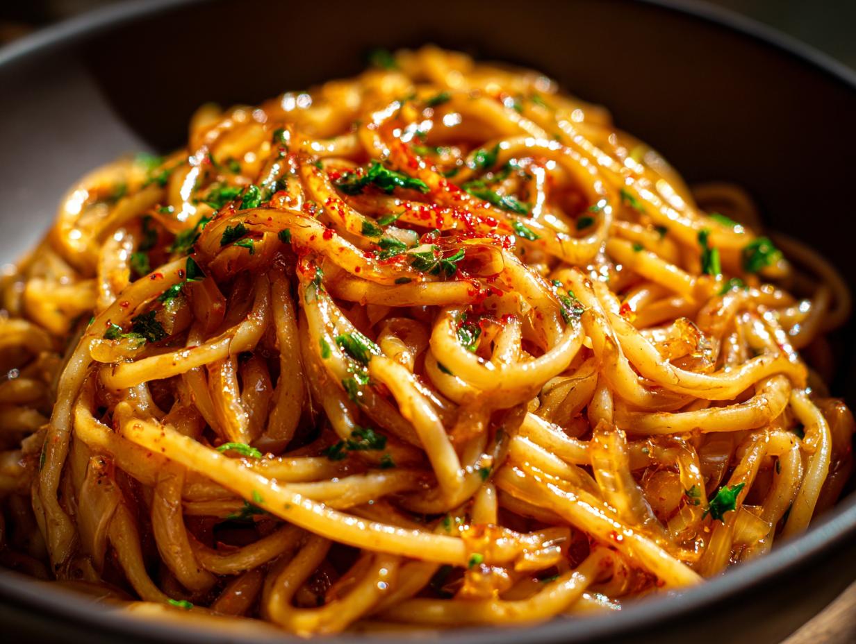Close-up shot of glossy, saucy caramelized onion pasta garnished with fresh green herbs and red pepper flakes.