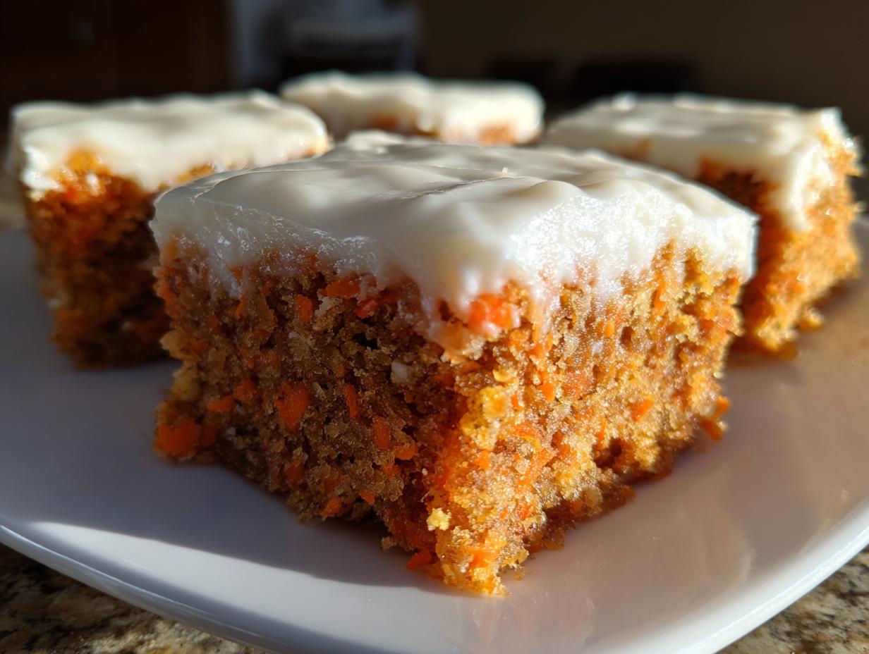 A close-up, sunlit shot of thick, moist carrot cake bars topped with creamy white frosting.