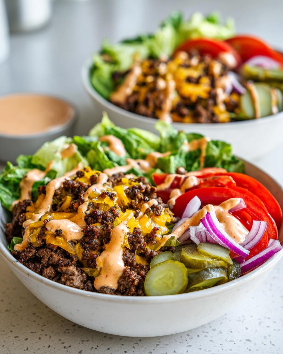 A close-up view of a cheeseburger bowl featuring seasoned ground beef, melted cheese, lettuce, tomatoes, pickles, and a drizzle of special sauce.