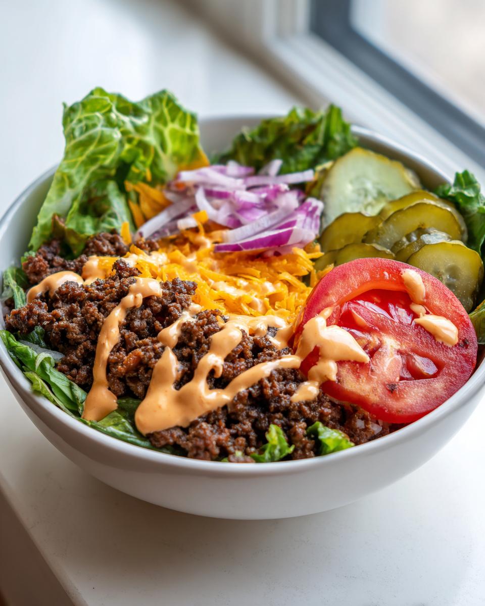 A close-up of a vibrant cheeseburger bowl featuring seasoned ground beef, shredded cheese, lettuce, tomato, pickles, and a drizzle of sauce.