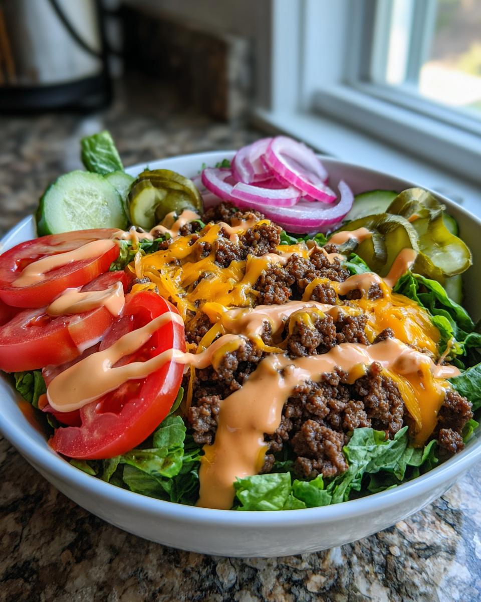 A vibrant cheeseburger bowl featuring seasoned ground beef, melted cheese, lettuce, tomatoes, pickles, and special sauce.