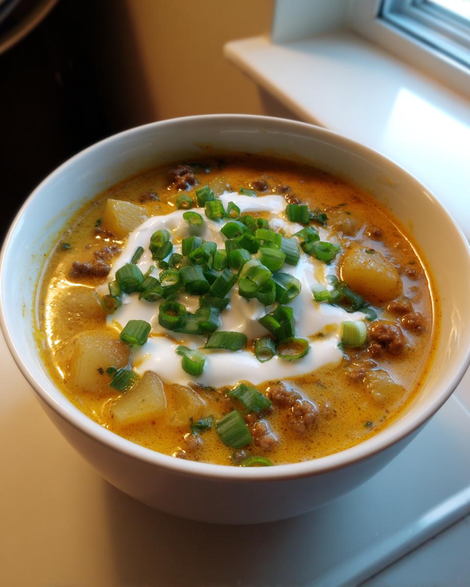 A close-up of a creamy, orange-hued cheeseburger soup recipe, filled with ground beef and potatoes, topped with sour cream and fresh chopped green onions.