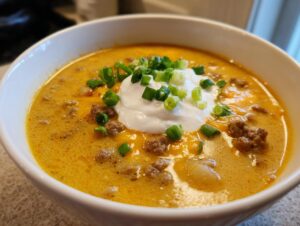 A close-up of a bowl of creamy, cheesy cheeseburger soup recipe topped with a dollop of sour cream and fresh green onions.