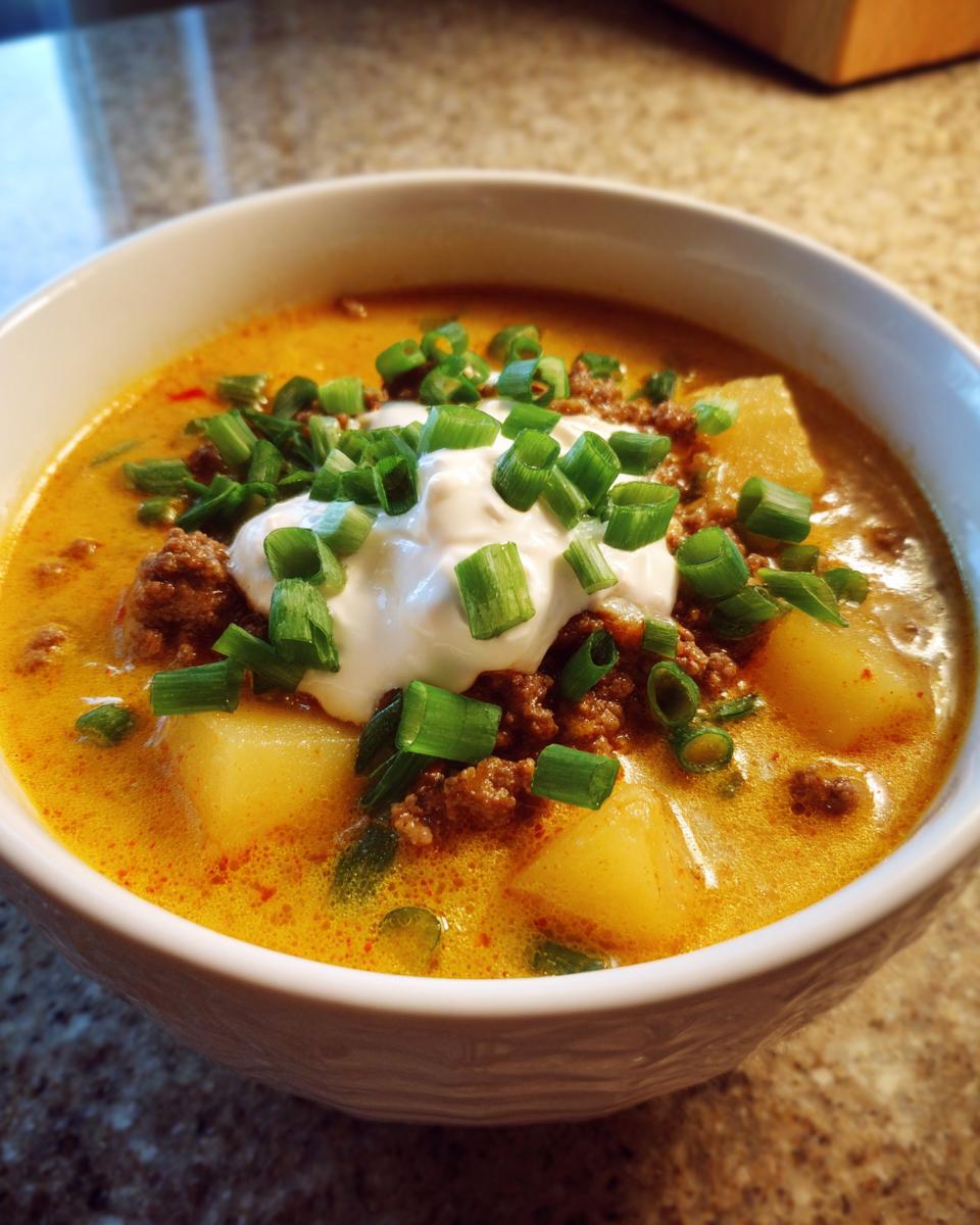 A close-up of a bowl of creamy, yellow cheeseburger soup recipe, topped with ground beef, potatoes, sour cream, and green onions.