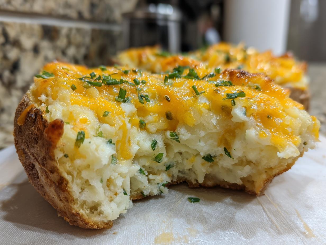 A close-up, cross-section view of a bite taken out of a fluffy potato casserole topped with melted cheddar cheese and chives.