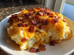 A hearty serving of baked mashed potatoes topped with melted cheddar cheese and crispy bacon pieces.