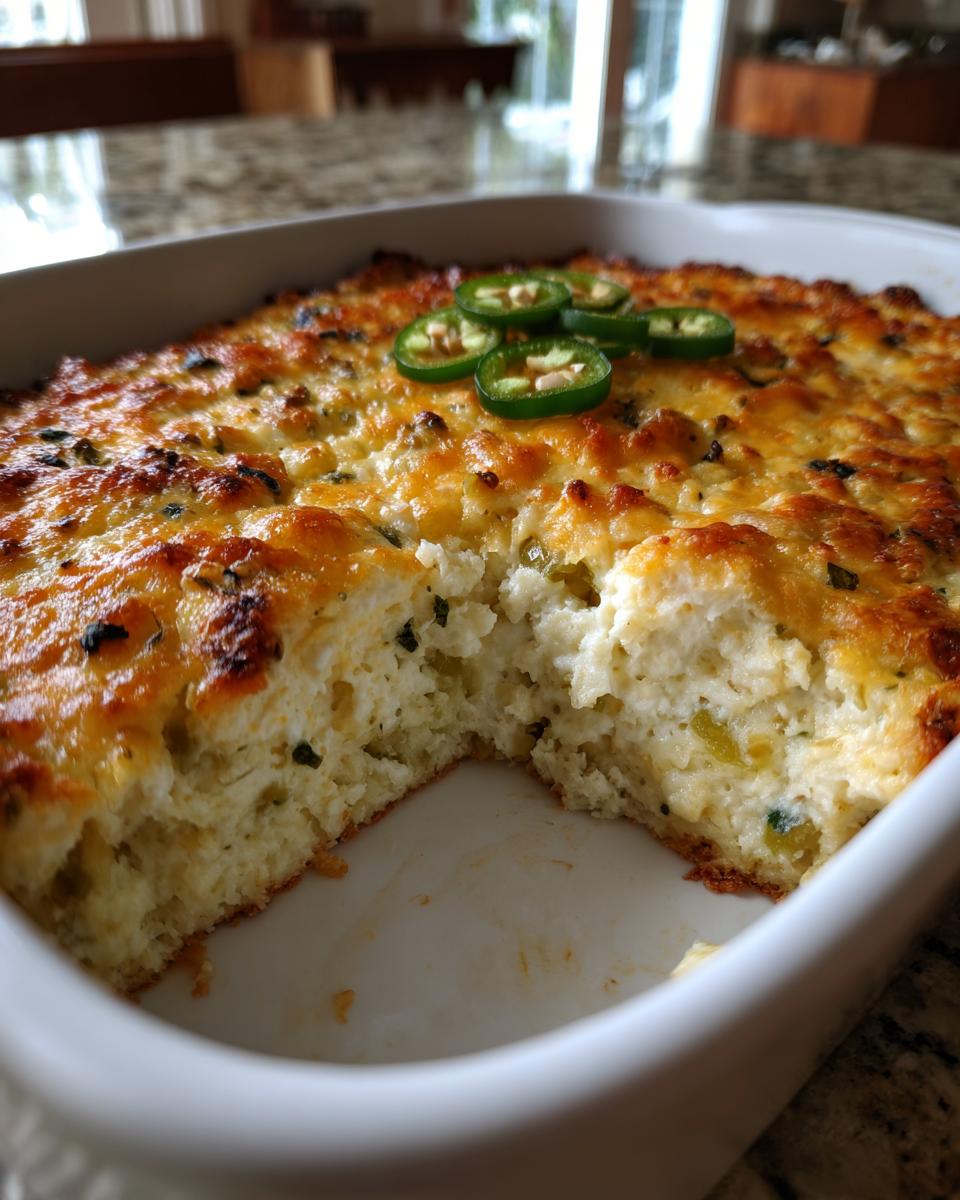 A baked, cheesy popper dip in a white dish with a scoop removed, topped with fresh jalapeño slices.