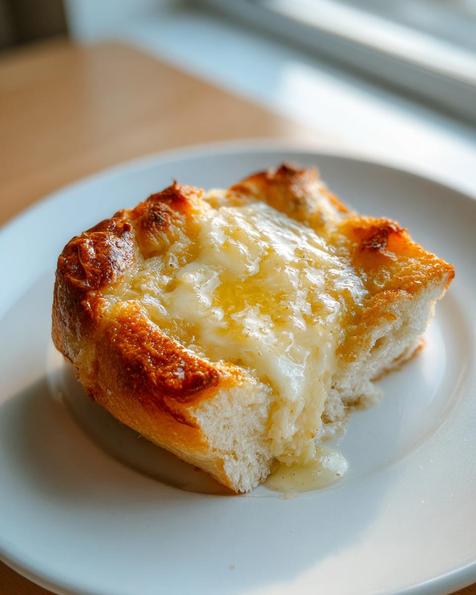 Close-up of cheesy bread with golden crust served on a white plate, a side dish for baked chicken breast.