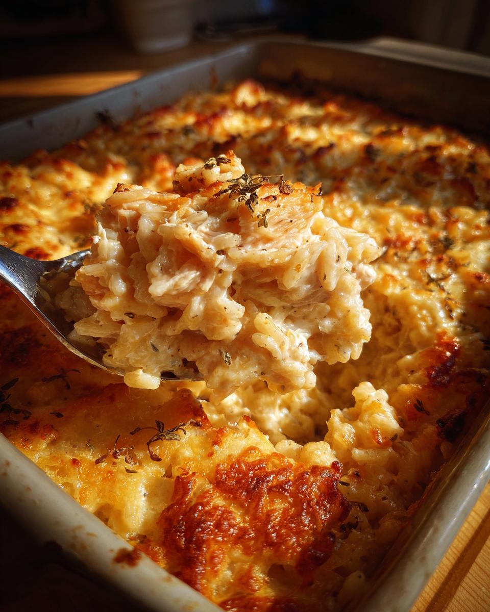 A spoonful of creamy, baked cheesy chicken and rice being lifted from a golden-brown casserole dish.