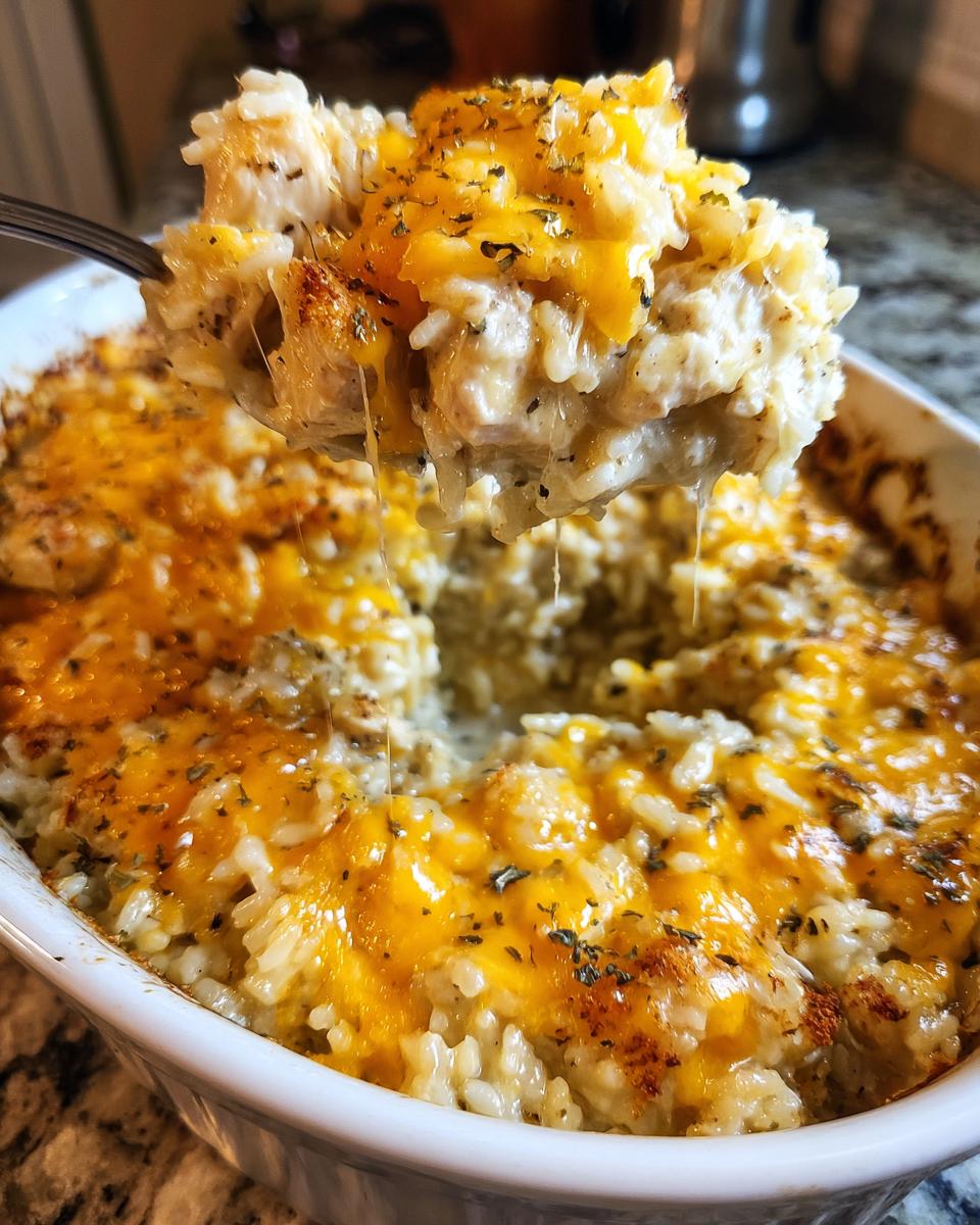 A spoonful of creamy cheesy chicken and rice being lifted from a casserole dish, showing melted cheddar cheese.