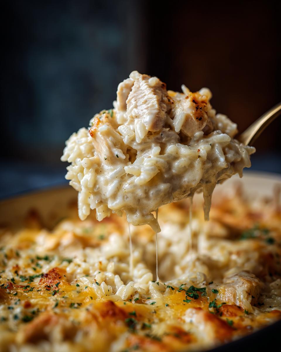 A spoonful of creamy cheesy chicken and rice lifted from a baking dish, showing cheese pull.