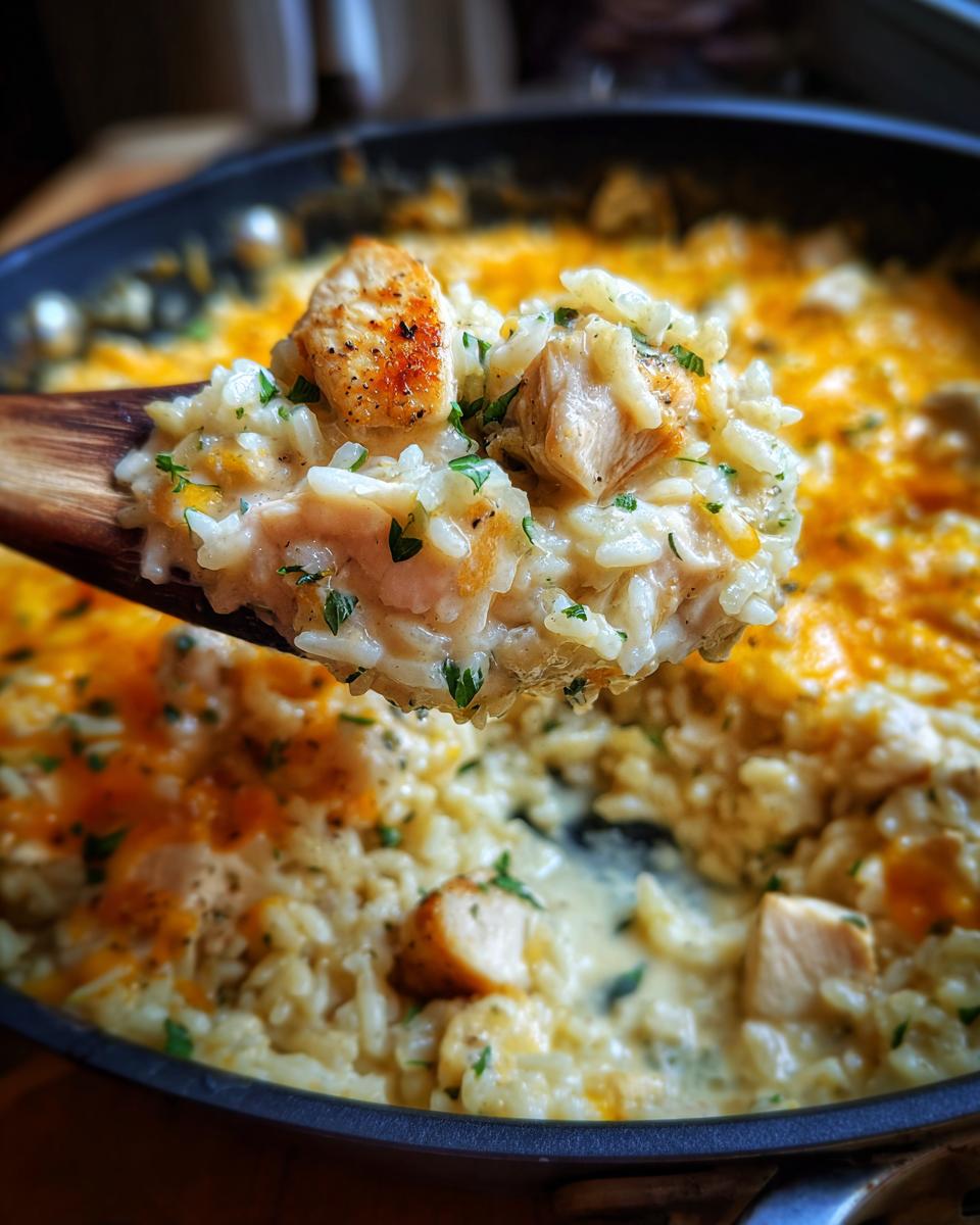 A wooden spoon lifting a generous portion of creamy, cheesy chicken and rice, topped with browned chicken pieces.