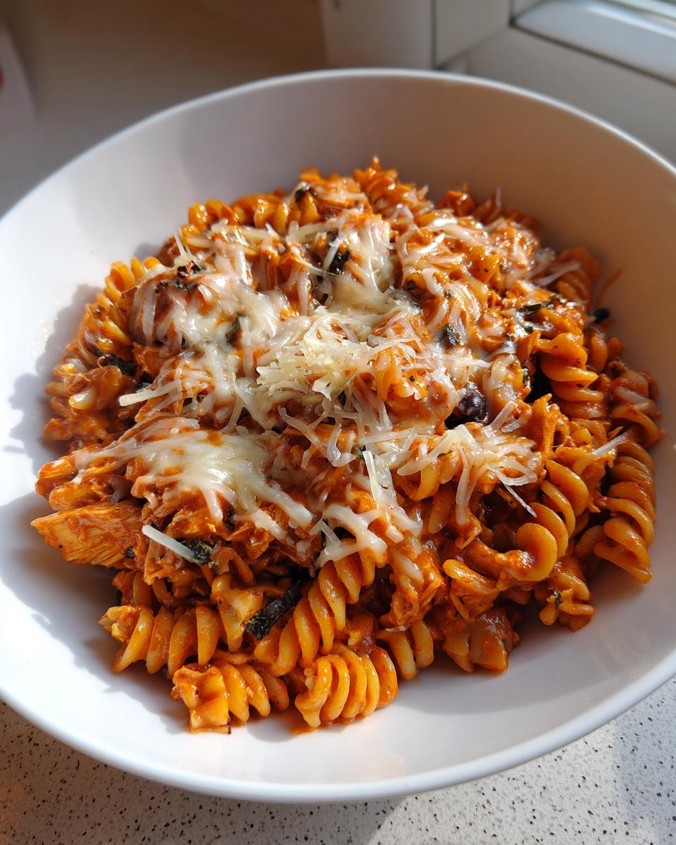 A white bowl filled with cheesy enchilada pasta made with rotini noodles and topped with melted cheese.