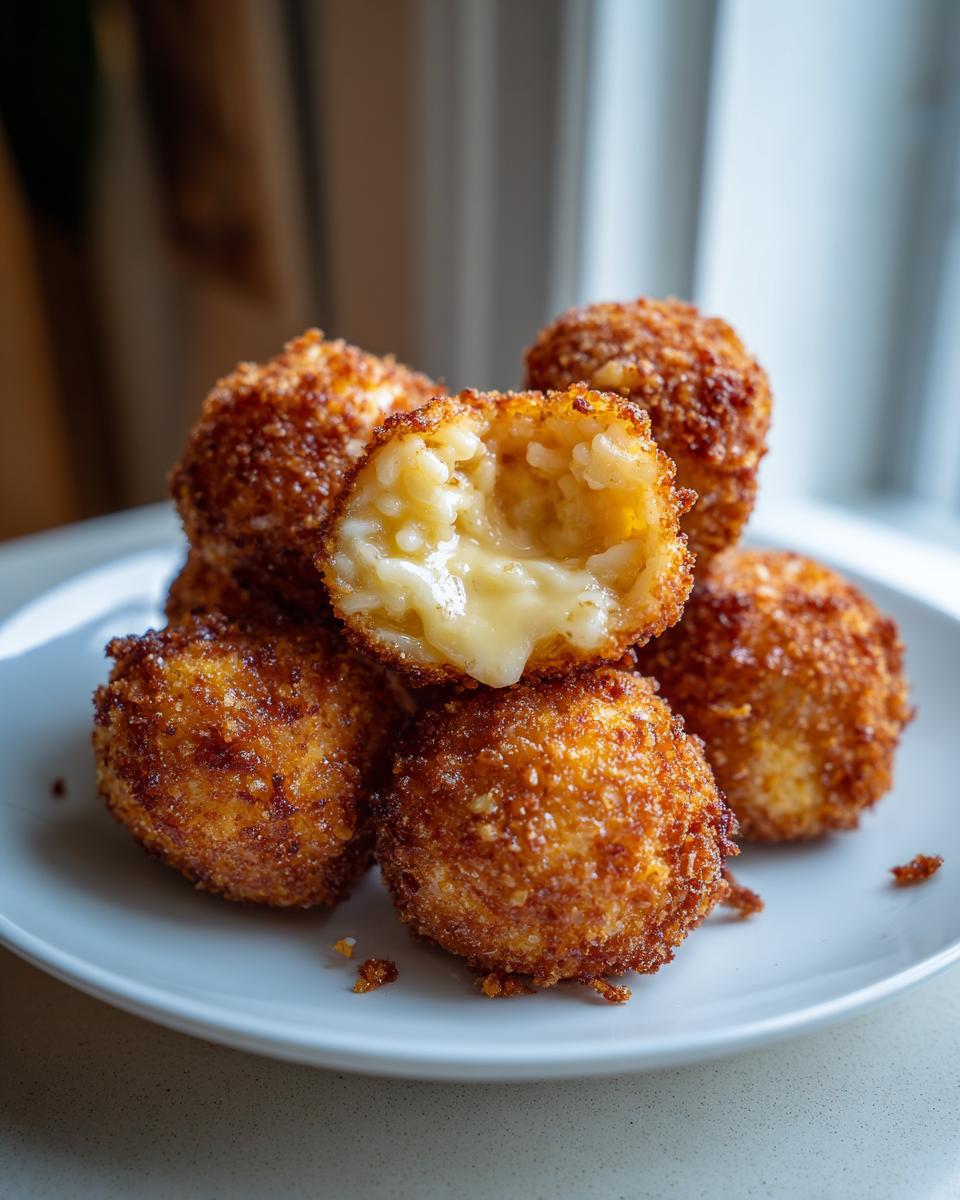 Close-up of golden brown fried rice balls, one split open revealing a melted, cheesy center.
