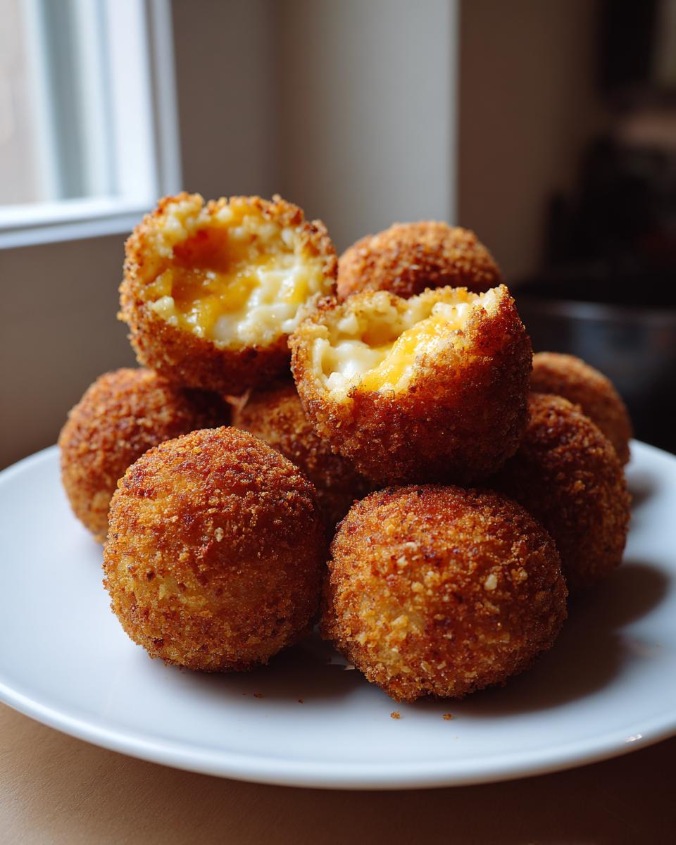 A pile of golden-brown, crispy fried rice balls, with two broken open revealing a melted, cheesy interior.