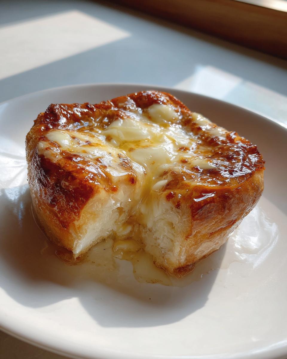 Close-up of a small, thick piece of bread, baked until golden brown, topped with melted cheese and drizzled with honey, next to baked chicken breast recipe.