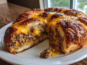 A cross-section of cheesy, savory garbage bread stuffed with seasoned ground meat and melted cheddar cheese.
