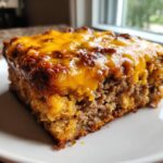 A close-up slice of rich meatloaf casserole topped with melted cheddar cheese, served on a white plate.