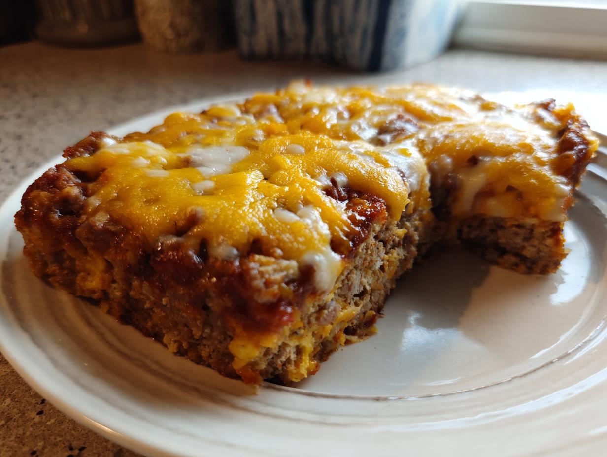 A thick square slice of baked meatloaf casserole topped with melted cheddar and white cheese, served on a white plate.