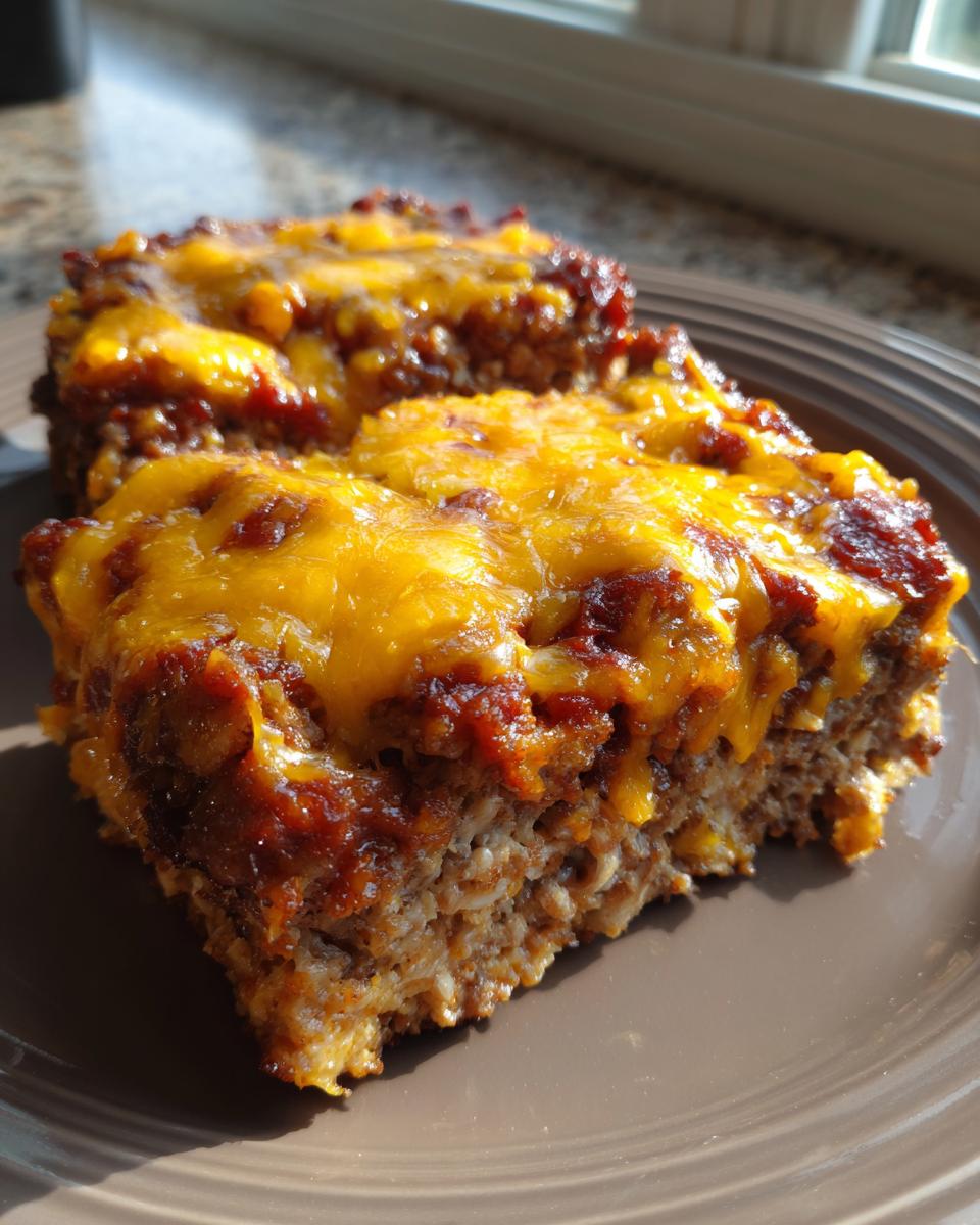 Two thick slices of baked meatloaf casserole topped with melted cheddar cheese and a savory glaze.