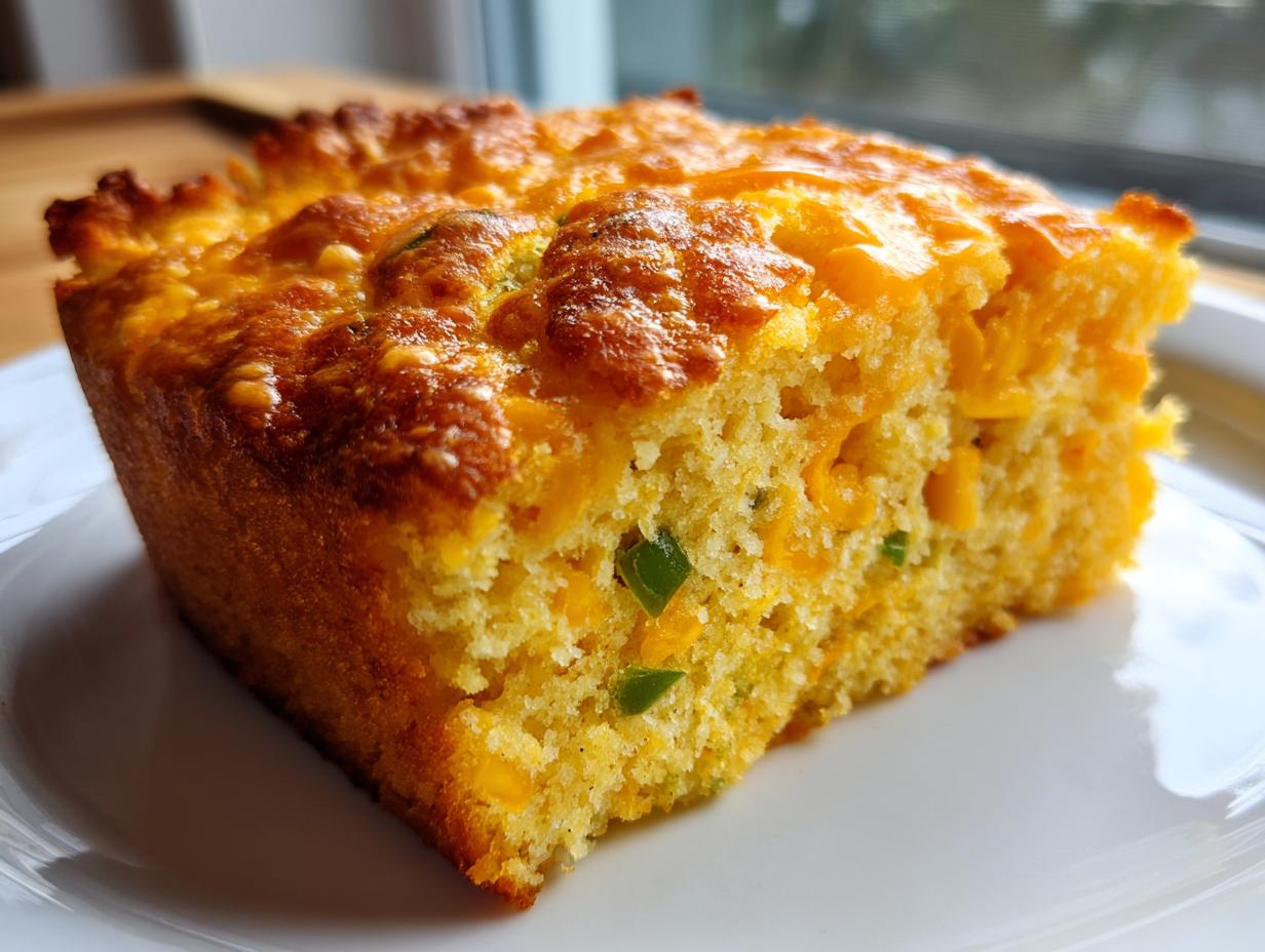 Close-up of a moist slice of mexican cornbread topped with melted cheddar cheese and green jalapeño pieces.