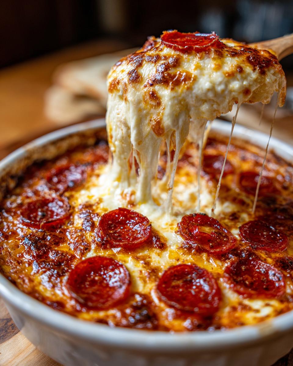 A spoonful of hot, gooey pepperoni pizza dip being lifted, showing long cheese strings.