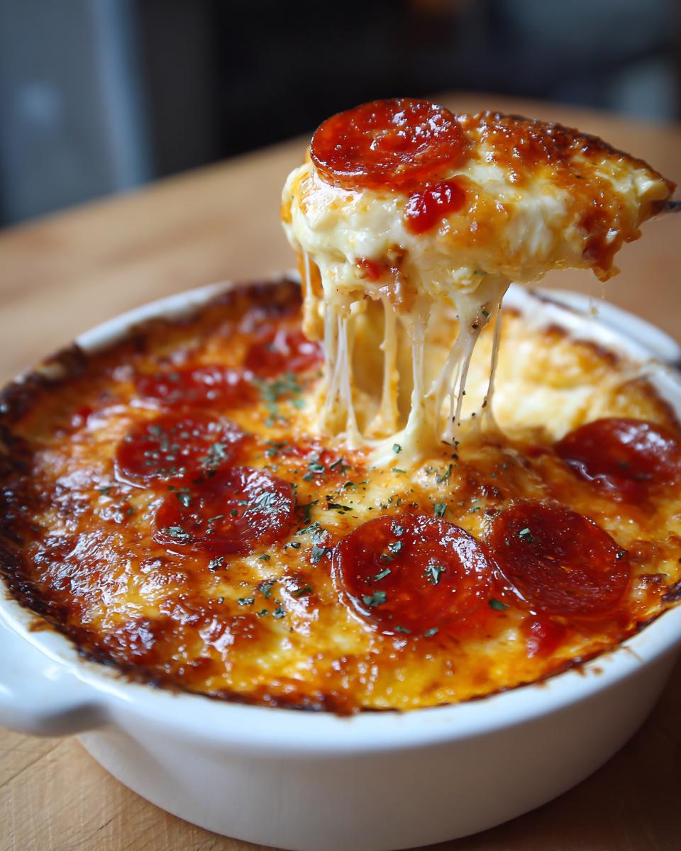 A spoonful of hot, cheesy pizza dip being lifted, showing long cheese strings, topped with pepperoni.