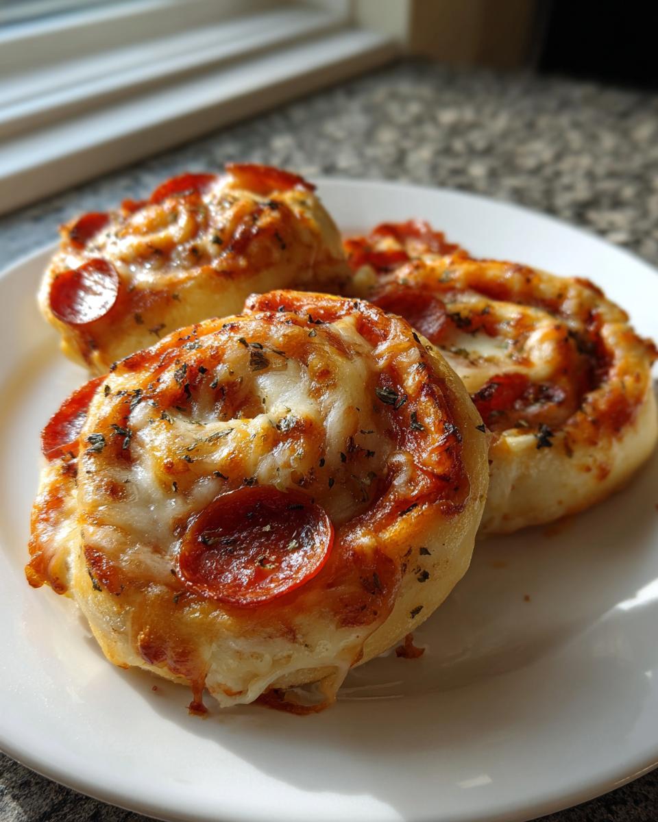 Close-up of three baked pizza pinwheels topped with melted cheese and pepperoni slices, served on a white plate.