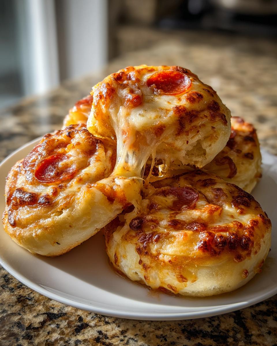 A stack of golden brown pizza pinwheels with melted cheese and pepperoni, showing a dramatic cheese pull.
