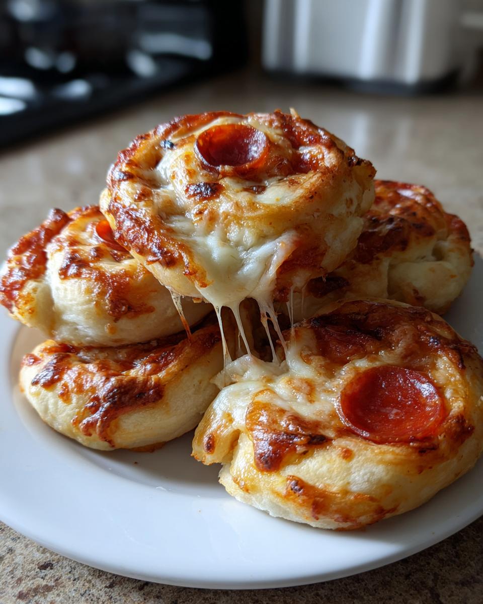 A stack of freshly baked pizza pinwheels topped with melted, stringy cheese and pepperoni slices.