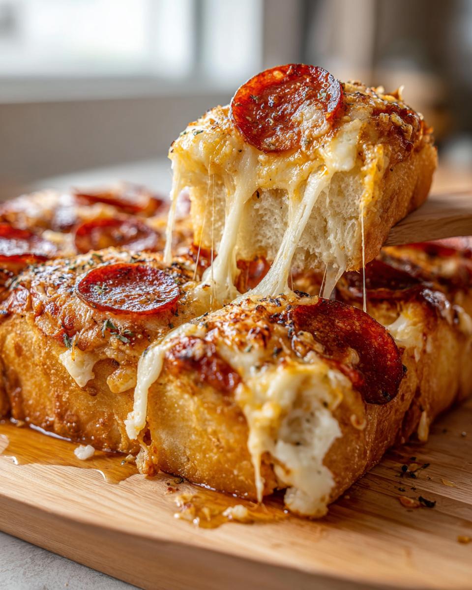 A piece of cheesy pepperoni pizza sliders being lifted, showing a dramatic cheese pull.