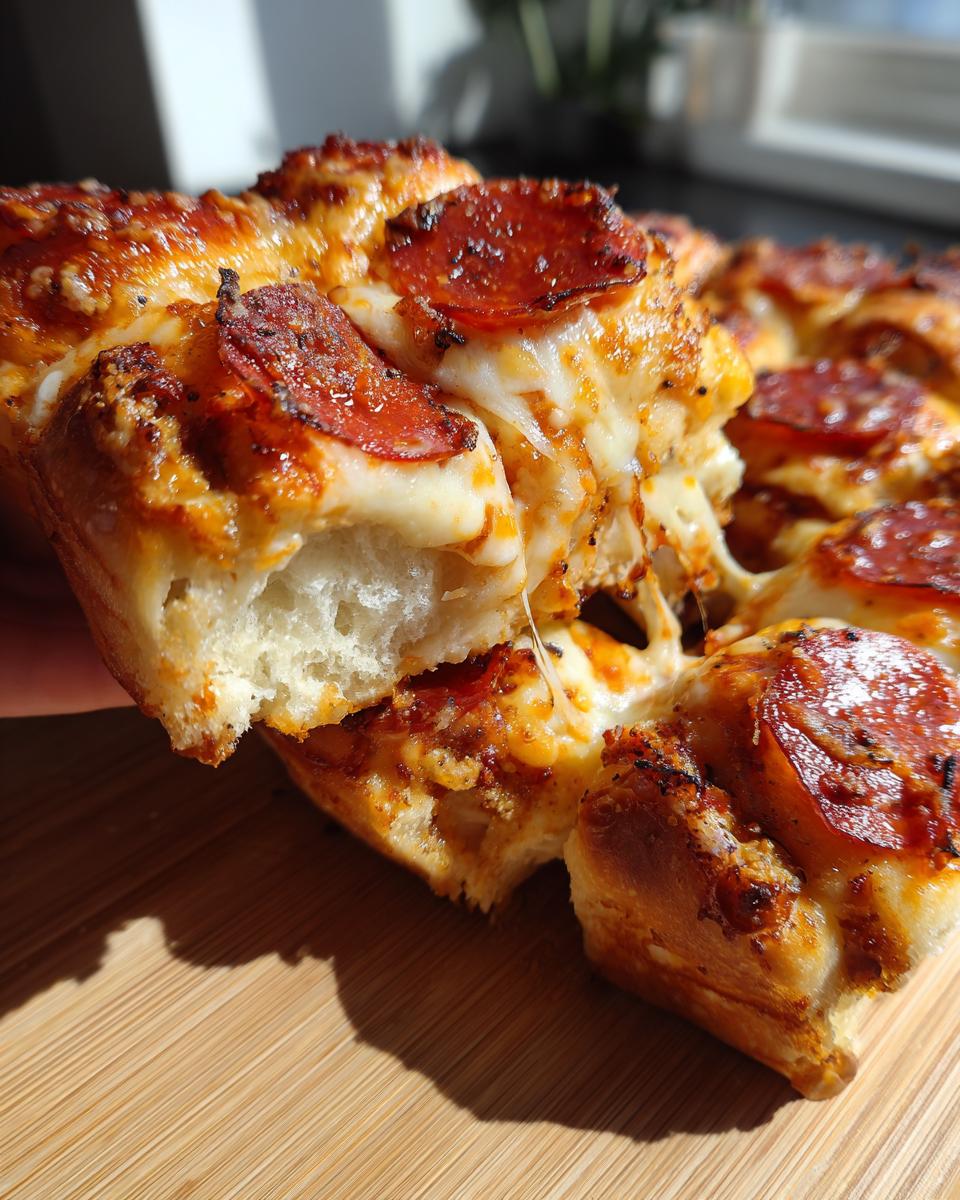 A close-up of cheesy pepperoni pizza sliders being pulled apart, showing a dramatic cheese pull.