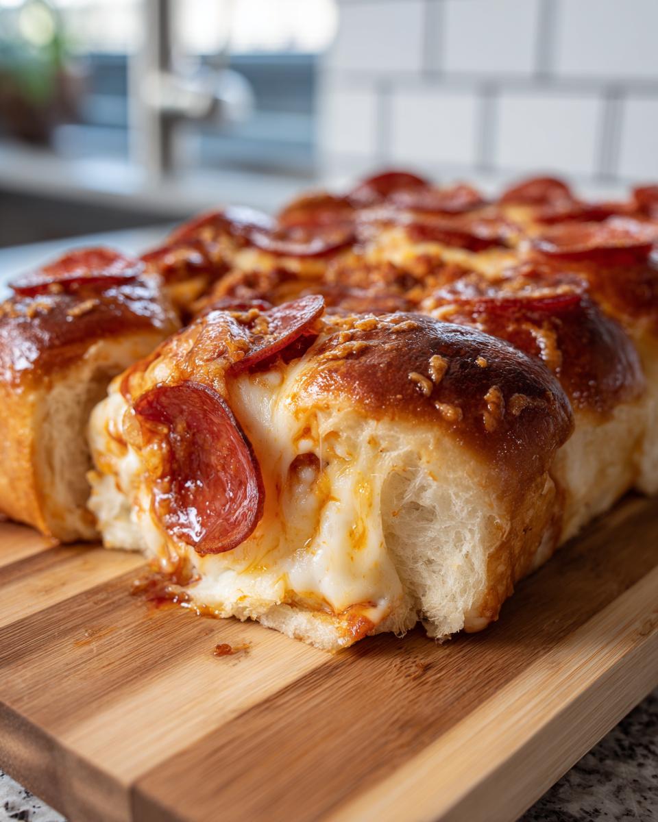 Close-up of freshly baked pizza sliders with melted cheese and pepperoni on a wooden board.