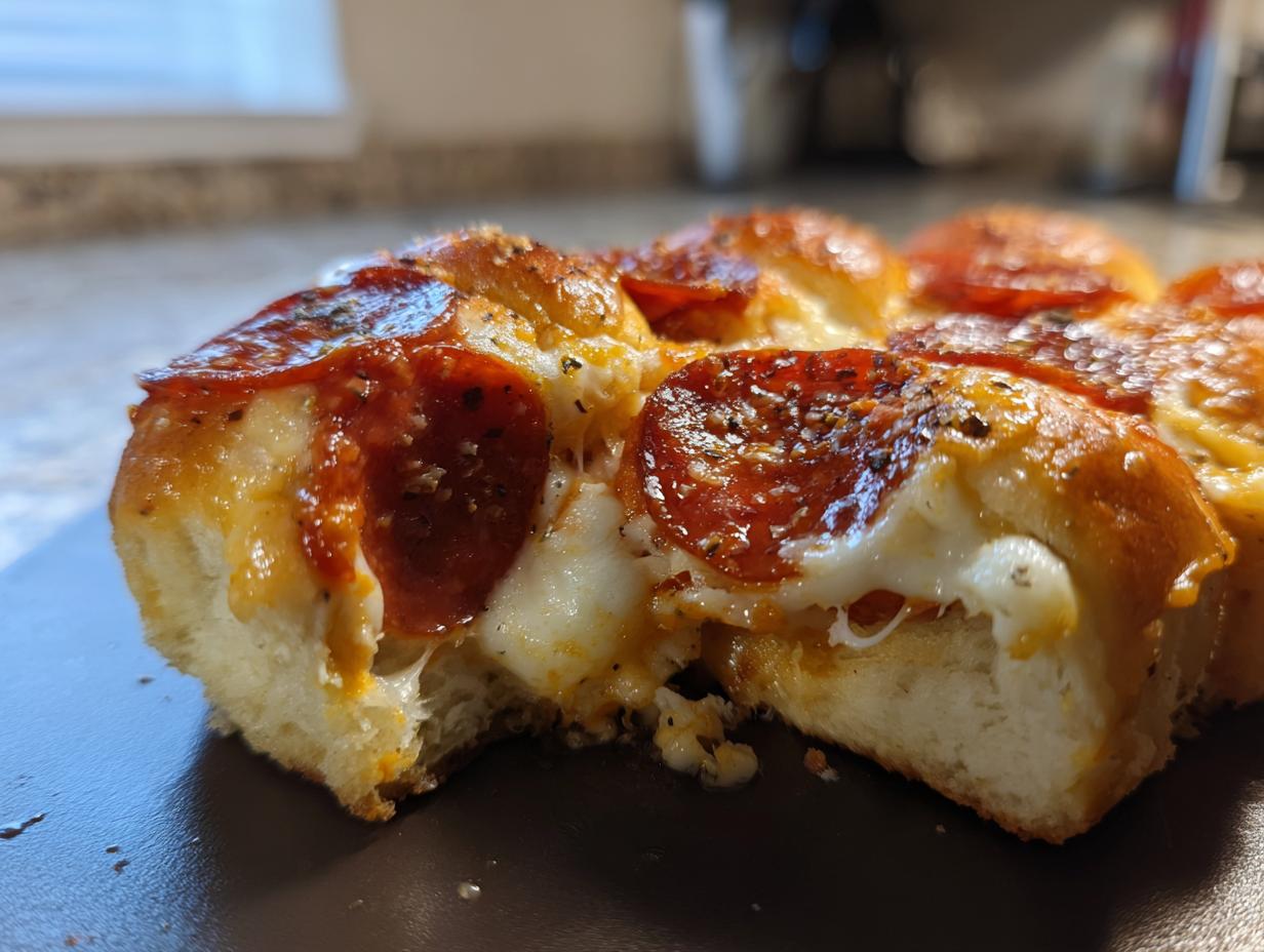 A close-up, cross-section view of gooey, cheesy pepperoni pizza sliders with a bite taken out.