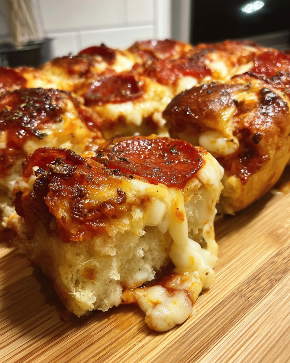Close-up of a pulled-apart piece of pepperoni pizza sliders showing melted, stretchy cheese and soft bread.