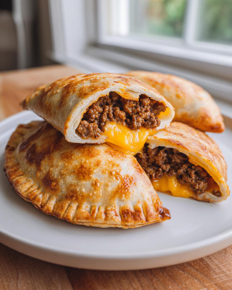 Close-up of golden-brown cheesy pocket tacos, one cut open revealing seasoned ground beef and melted cheese.