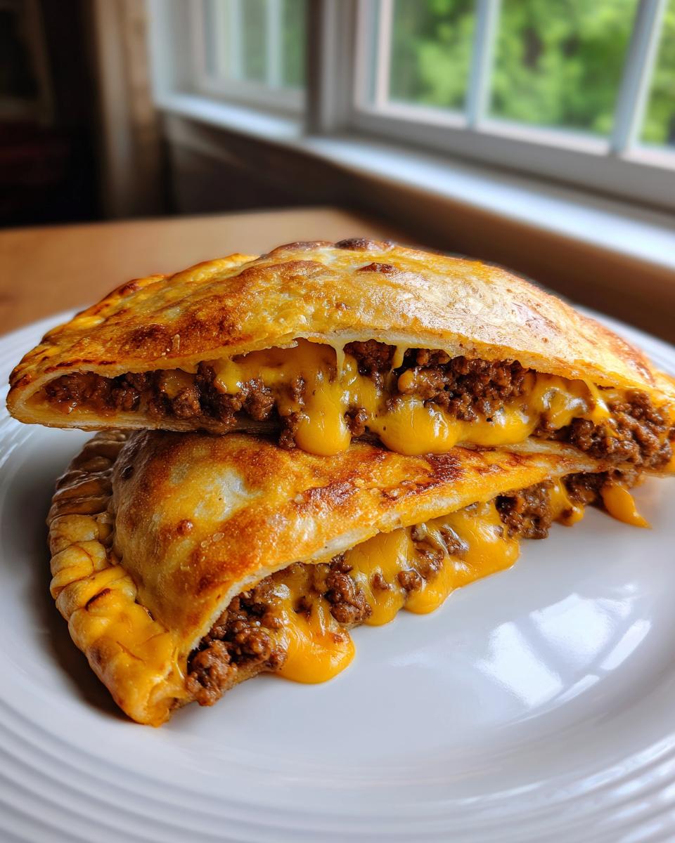 Two halves of cheesy pocket tacos stacked, showing ground beef filling and melted cheddar cheese oozing out.