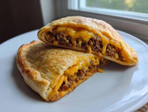 Two halves of a cheesy pocket taco cut open, showing seasoned ground beef and melted cheddar cheese.